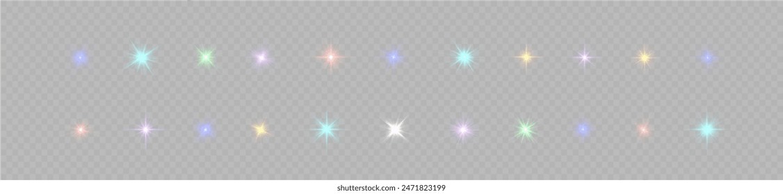 Glow bright light star, red, blue, green, yellow sun rays, sunshine.	