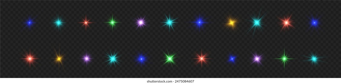 Glow bright light star, red, blue, green, yellow sun rays, sunshine.	