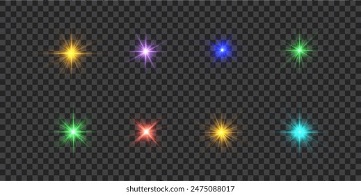 Glow bright light star, red, blue, green, yellow sun rays, sunshine.	