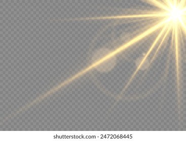 Glow bright light star, yellow sun rays, sunshine.	
