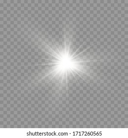 Glow bright star, the star burst with brilliance, white glowing light burst on a transparent background, white sun rays, light effect, flare of sunshine with rays, vector illustration, eps 10