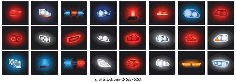 Glow car headlight beams icons set cartoon vector. Flare siren. Vehicle headlamp