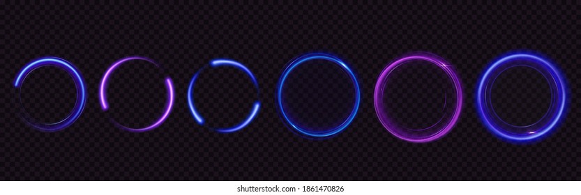 Glow circles with sparkles, magic light effect. Vector realistic set of blue and purple shiny rings and swirls, round frames of flare trail with glitter dust isolated on transparent background