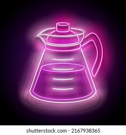 Glow Coffee Pot. Cafe Label, Morning Drink. Neon Poster, Flyer, Banner, Invitation. Glossy Background. Vector 3d Illustration