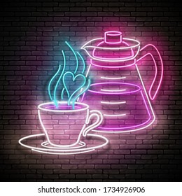 Glow Coffee Pot with Cups. Cafe Label, Morning Drink. Neon Poster, Flyer, Banner, Postcard, Invitation. Brick Wall. Vector 3d Illustration