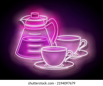 Glow Coffee Pot with Cups. Cafe Label, Morning Drink. Neon Poster, Flyer, Banner, Postcard, Invitation. Glossy Background. Vector 3d Illustration