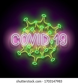Glow Coronavirus Pathogen with Inscription. Viral Pneumonia Concept. Template for Virus Pandemic Informing. Neon Poster, Flyer, Banner. Vector 3d Illustration. Glossy Background