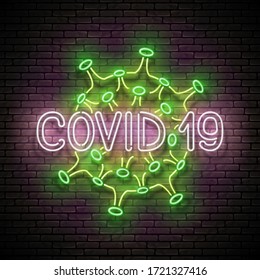 Glow Coronavirus Pathogen with Inscription. Viral Pneumonia Concept. Template for Virus Pandemic Informing. Neon Poster, Flyer, Banner. Vector 3d Illustration. Brick Wall