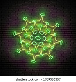 Glow Coronavirus Pathogen. Viral Pneumonia Concept. Template for Virus Pandemic Informing. Neon Poster, Flyer, Banner. Vector 3d Illustration. Brick Wall