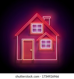 Glow Cozy House with Red Roof. Template for Realtor, Insurance or Mortgage Advertisement. Cartoon Home Concept. Neon Light Poster, Flyer, Banner, Invitation. Vector 3d Illustration. Glossy Background