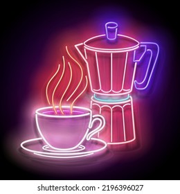 Glow Cup of Coffee and Geyser Coffee Maker. Cafe Label, Morning Drink. Neon Poster, Flyer, Banner, Invitation. Glossy Background. Vector 3d Illustration