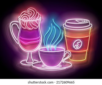 Glow Cups of Different Coffee. Cafe Label. Cappuccino, Espresso, Americano, Drink To Go. Neon Poster, Flyer, Banner, Invitation. Glossy Background. Vector 3d Illustration