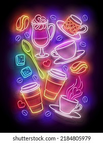 Glow Cups with Different Coffee. Cafe Label. Cappuccino, Espresso, Americano, Drink To Go. Neon Poster, Flyer, Banner, Invitation. Glossy Background. Vector 3d Illustration