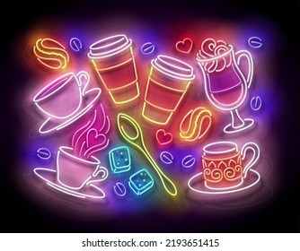 Glow Cups with Different Coffee. Cafe Label. Cappuccino, Espresso, Americano, Drink To Go. Neon Poster, Flyer, Banner, Invitation. Glossy Background. Vector 3d Illustration