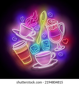 Glow Cups with Different Coffee. Cafe Label. Cappuccino, Espresso, Americano, Drink To Go. Neon Poster, Flyer, Banner, Invitation. Glossy Background. Vector 3d Illustration