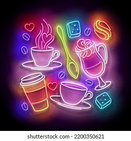Glow Cups with Different Coffee. Cafe Label. Cappuccino, Espresso, Americano, Drink To Go. Neon Poster, Flyer, Banner, Invitation. Glossy Background. Vector 3d Illustration