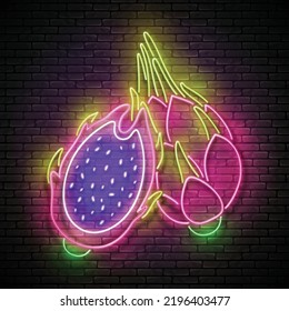 Glow cut and whole dragon fruits (pitahaya). Exotic summer fruit. Neon Light Poster, Flyer, Banner, Signboard. Brick Wall. Vector 3d Illustration