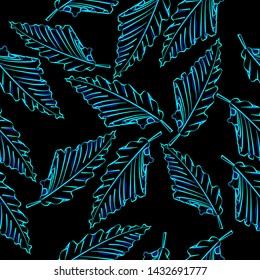 glow in the dark Seamless pattern wave leaf blue neon light with black background