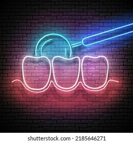 Glow Dentist Examination of Dentition. Stomatology Clinic Concept Template. Neon Light Poster, Flyer, Banner, Signboard. Brick Wall. Vector 3d Illustration