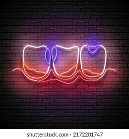 Glow Dentition with Caries and Inflamed Gum. Dentist Clinic Concept Template. Neon Light Poster, Flyer, Banner, Signboard. Brick Wall. Vector 3d Illustration