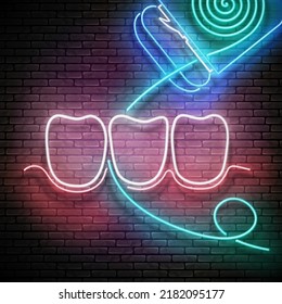 Glow Dentition Cleaning with Dental Floss, Personal Hygiene Accessories. Healthcare Concept Template. Neon Light Poster, Flyer, Banner, Signboard. Brick Wall. Vector 3d Illustratio