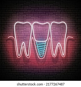 Glow Dentition with Implanted Tooth. Denture Concept Template. Neon Light Poster, Flyer, Banner, Signboard. Brick Wall. Vector 3d Illustration