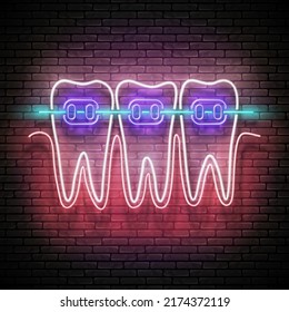 Glow Dentition with White Teeth and Braces. Orthodontic Clinic Concept Template. Neon Light Poster, Flyer, Banner, Signboard. Brick Wall. Vector 3d Illustration