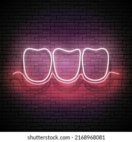 Glow Dentition with White Teeth and Healthy Gum. Dentist Clinic Concept Template. Neon Light Poster, Flyer, Banner, Signboard. Brick Wall. Vector 3d Illustration