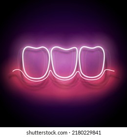 Glow Dentition with White Teeth and Healthy Gum. Dentist Clinic Concept Template. Neon Light Poster, Flyer, Banner, Signboard. Glossy Background. Vector 3d Illustration