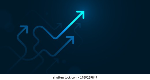 Glow up devious arrows on dark blue background with copy space business growth concept