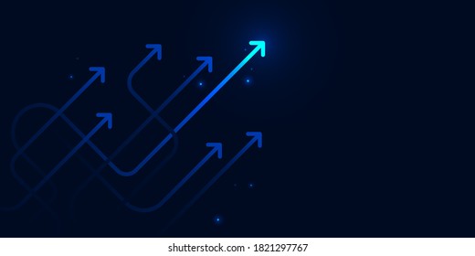 Glow up devious arrows on dark blue background with copy space business growth concept