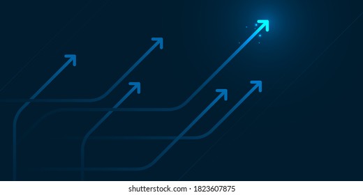 Glow up devious arrows on dark blue background with copy space business growth concept