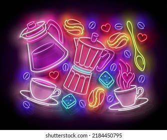 Glow Different Types of Coffee. Cafe Label. Cappuccino, Espresso, Americano, Turkish. Neon Poster, Flyer, Banner, Invitation. Glossy Background. Vector 3d Illustration