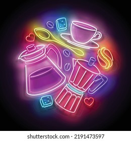 Glow Different Types of Coffee. Cafe Label. Cappuccino, Espresso, Americano, Turkish. Neon Poster, Flyer, Banner, Invitation. Glossy Background. Vector 3d Illustration