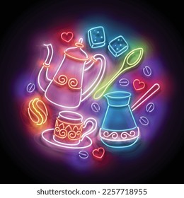 Verschiedene Kaffeetypen glänzen. Cafe Label. Cappuccino, Espresso, Americano, Türkisch. Neon Poster, Flyer, Banner, Einladung. glänzender Hintergrund. Vektorgrafik 3D