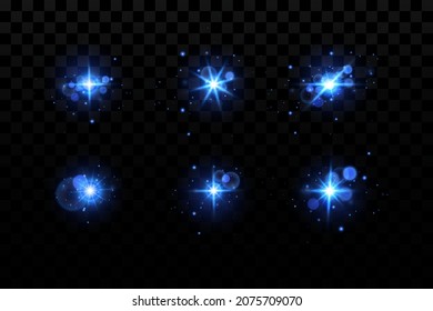 Efecto brillante. Partículas azules brillantes, estrellas. Ilustración vectorial.