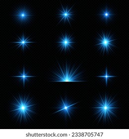 Efecto brillante. Partículas azules brillantes, estrellas. Ilustración vectorial.