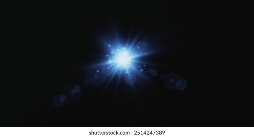 Efeito de brilho. Partículas azuis brilhantes, estrelas. Ilustração vetorial. Luz solar transparente vetorial efeito de luz de clarão de lente especial.	