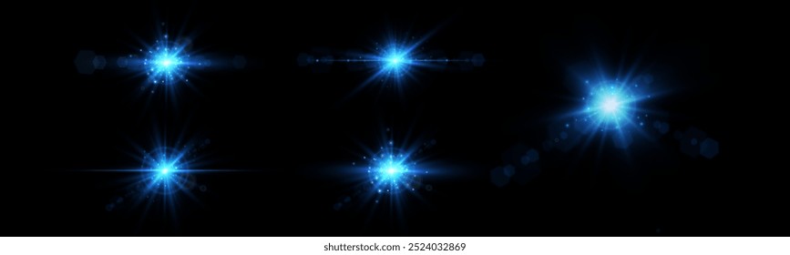 Glow effect. Blue glowing particles, stars. Vector illustration.Vector transparent sunlight special lens flare light effect.	