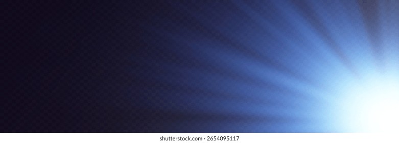 Glow effect. Bright blue radiant light. Flashes of light. Sun rays of dawn.