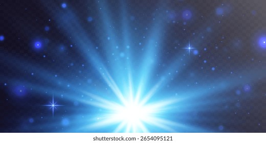 Efecto de resplandor. Luz radiante azul brillante. Destellos de luz. Los rayos del sol del amanecer.