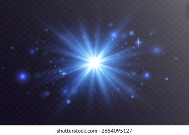 Glüheffekt. Hellblaues, strahlendes Licht. Lichtblitze. Sonnenstrahlen im Morgengrauen.