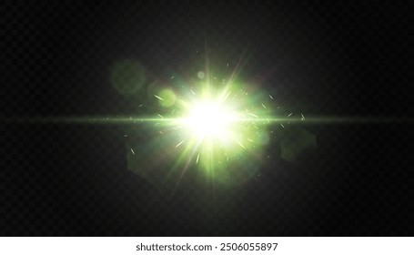 Glow effect. Bright green light effect. Bright lens flare. Starry flares with shimmering highlights. Beautiful shimmering lens flare light effect. Vector 10 EPS
