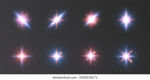 Efeito de brilho de estrelas coloridas multicoloridas brilhantes. Efeito luminoso de luz brilhante. Explosões de estrelas com brilho cintilante. Vetor 10 EPS