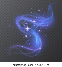 Glow effect of purple color with stars, Power energy, Shining neon cosmic streaks. Magic design of whirl. Swirl trail effect, Smooth wave. Light flow. Sci fi tech, illustration on dark background