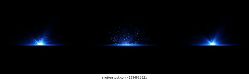 Glow effect. A set of blue glowing particles, stars, lasers. Vector illustration.
