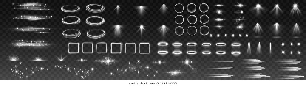 Glow effect, white flash, lens flare, shining star. Light arc, beam sparkle, flash sparks, glowing swirl, light beam, lens reflection, radiant light, sparkle burst.