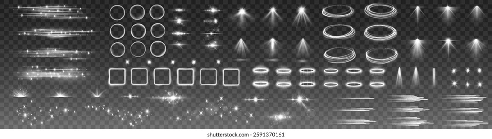 Glow effect, white flash, lens flare, shining star. Light arc, beam sparkle, flash sparks, glowing swirl, light beam, lens reflection, radiant light, sparkle burst.