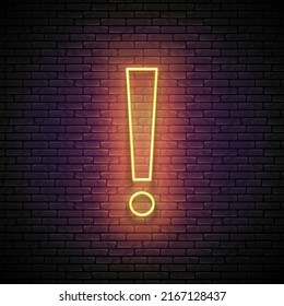 Glow Exclamation Mark, Attention Warning Sign. Template for Important Information. Neon Light Poster, Flyer, Banner. Vector 3d Illustration. Brick Wall