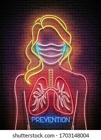 Glow Female Silhouette with Healthy Lungs and Face Mask Protective. Pandemic Concept of Prevention of Contamination. Template for Neon Poster, Flyer, Banner. Vector 3d Illustration. Brick Wall